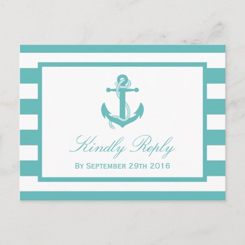 Nautical Turquoise Stripe Anchor Wedding RSVP Invitation Postcard