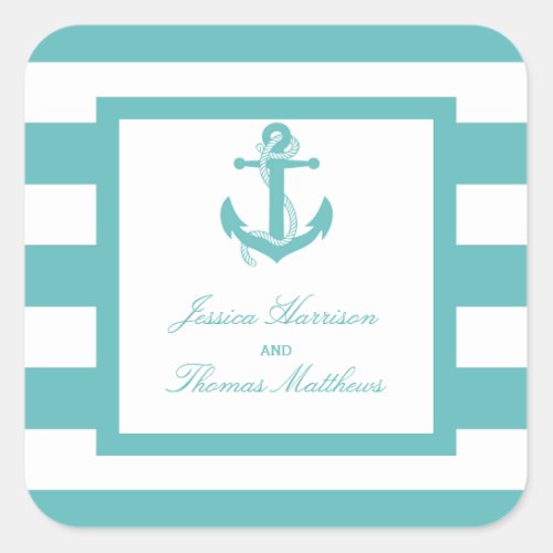 Nautical Turquoise Stripe Anchor Wedding Square Sticker
