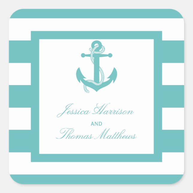 Nautical Turquoise Stripe Anchor Wedding Square Sticker (Front)