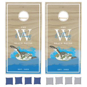 Nautical Turtle Blue Watercolor Beach House Cornhole Set