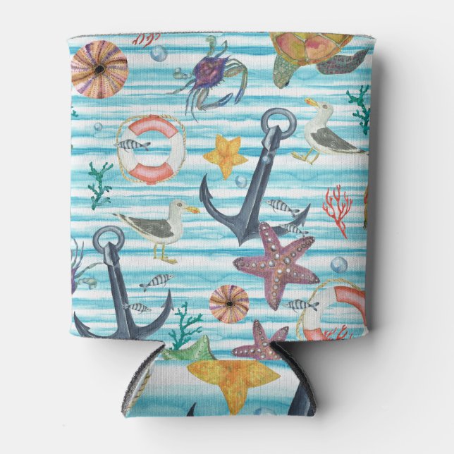 Nautical Turtles Seagul Starfish Pattern Can Cooler (Front)