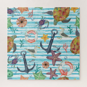 Nautical Turtles Seagul Starfish Pattern Jigsaw Puzzle