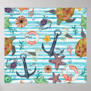Nautical Turtles Seagul Starfish Pattern Poster