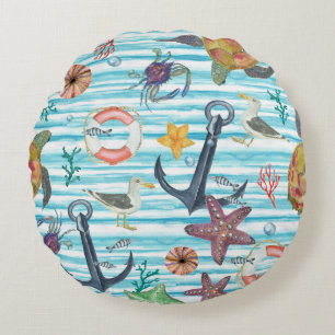 Nautical Turtles Seagul Starfish Pattern Round Pillow