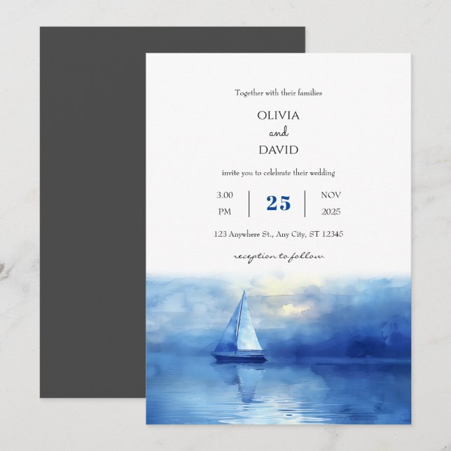 Nautical Twilight Sailboat Blue Sky Beach Wedding  Invitation (Front/Back)