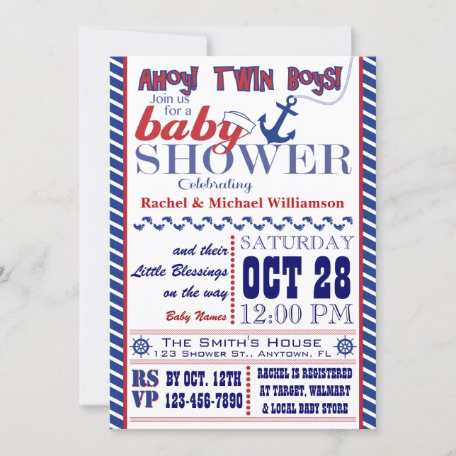 Nautical Twin Baby Boy Shower Invitation (Front)
