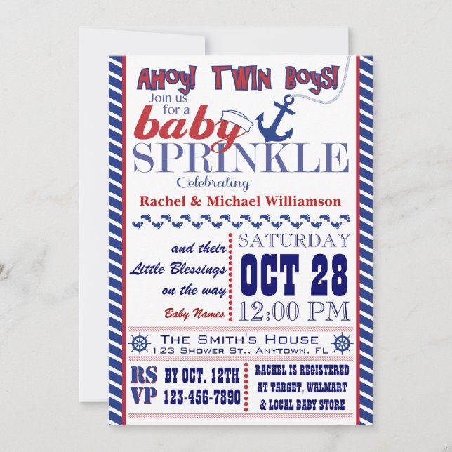 Nautical Twin Baby Boy Sprinkle Invitation (Front)