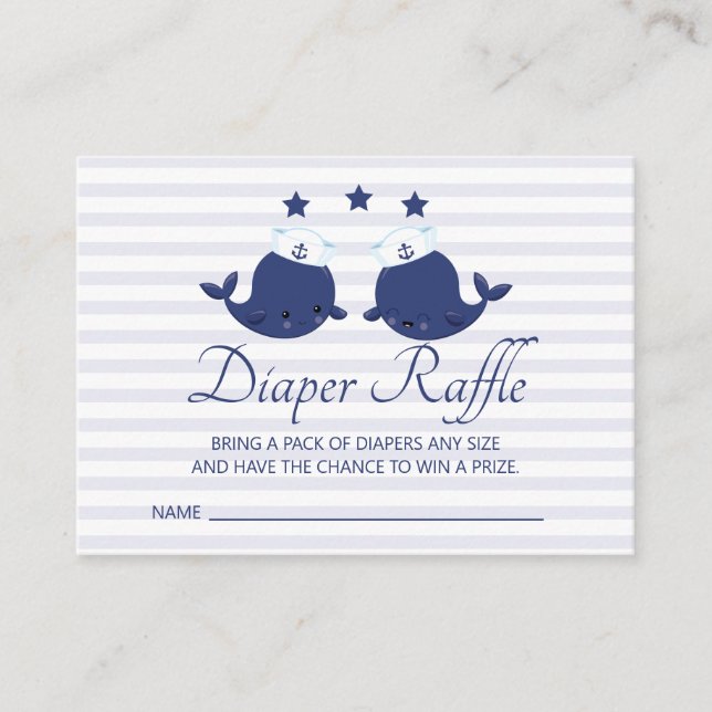Nautical Twin Boy Whale Baby Shower Diaper Raffle Enclosure Card (Front)