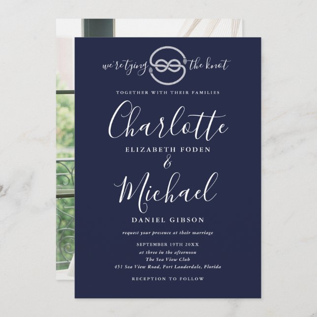 Nautical Tying Knot Navy Blue Script Photo Wedding Invitation (Front/Back)