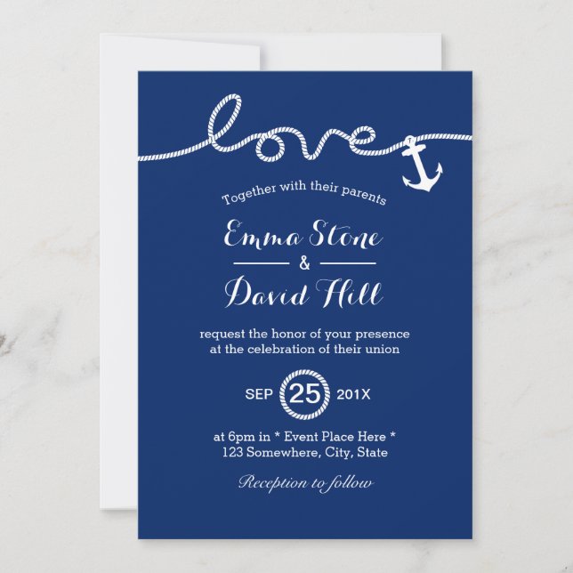 Nautical Tying the Knot Anchor Navy Blue Wedding Invitation (Front)
