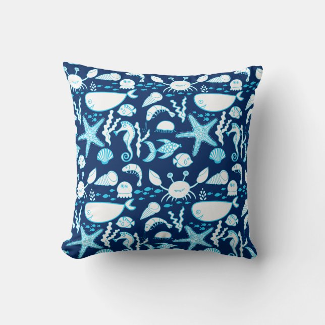 Nautical Under the Sea Cartoon Cute Blue Throw Pillow (Front)