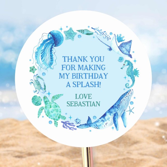 Nautical Under the Sea Watercolor Whale Thank You Classic Round Sticker (Nautical Under the Sea Watercolor Whale Thank You Classic Round Sticker)