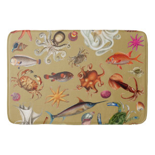 Nautical Underwater Sea Life Illustration Gold Bath Mat