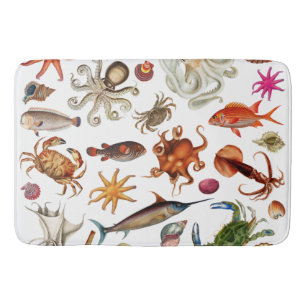 Nautical Underwater Sea Life Illustration Pattern Bath Mat