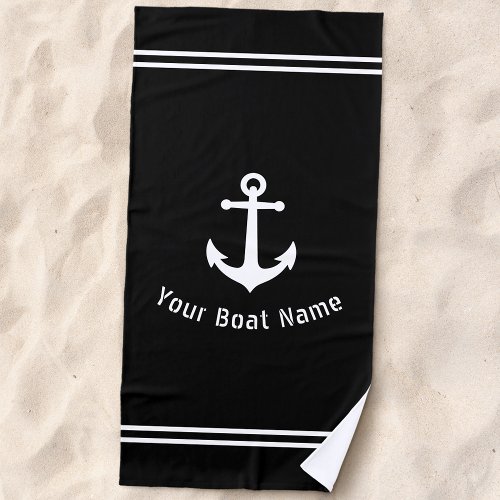 Nautical Vintage Anchor Boat Name Navy Black Beach Towel