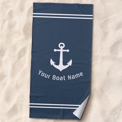 Nautical Vintage Anchor Boat Name Navy Blue Gray Beach Towel