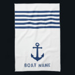Nautical Vintage Anchor Boat Name Navy Blue White Kitchen Towel<br><div class="desc">Custom Nautical Vintage Anchor with Your Personalized Boat Name in Navy Blue on a White Kitchen Towel.</div>