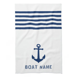 Nautical Vintage Anchor Boat Name Navy Blue White Kitchen Towel