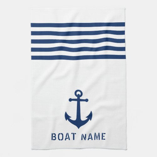 Nautical Vintage Anchor Boat Name Navy Blue White Kitchen Towel