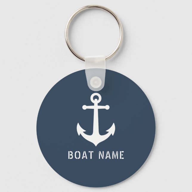 Nautical Vintage Anchor Boat or Name Gray Blue Keychain (Front)