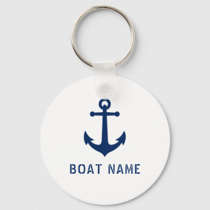 Nautical Vintage Anchor Boat or Name Navy & White Keychain