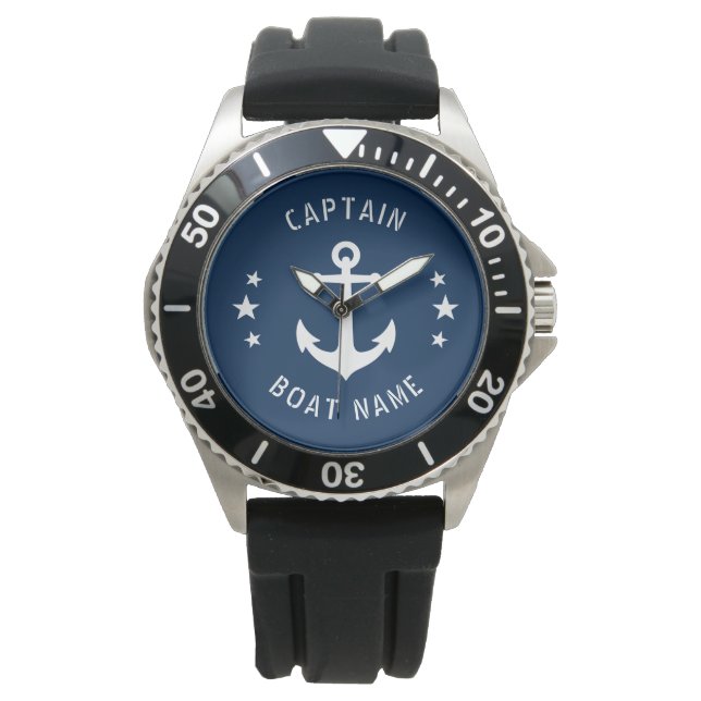 Nautical Vintage Anchor Captain Boat Name Navy Watch (Front)