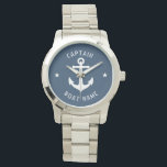 Nautical Vintage Anchor Captain & Boat or Name Watch<br><div class="desc">A Vintage Nautical Anchor with Captain Rank or other title and Your Name or Boat Name on a Stylish Silver and Aqua Blue Wrist Watch. This personalized Pocket Watch will not just time but also is a fun conversation piece. Perfect for Father's Day but also makes a great gift for...</div>