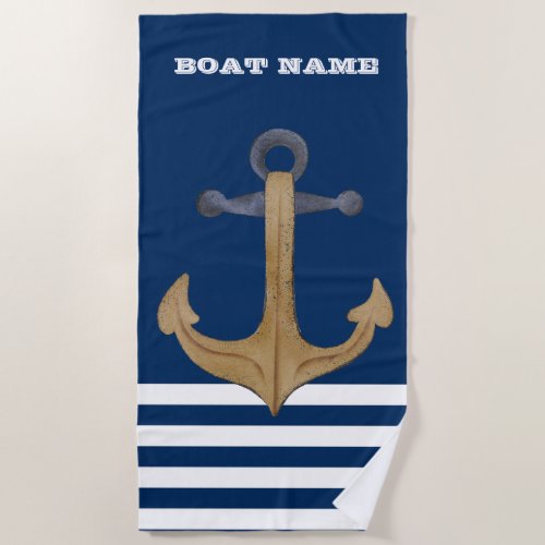 NauticalVintage Anchor  Navy Blue Striped   Beach Towel