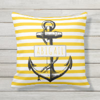 Nautical vintage anchor on yellow striped pattern outdoor pillow