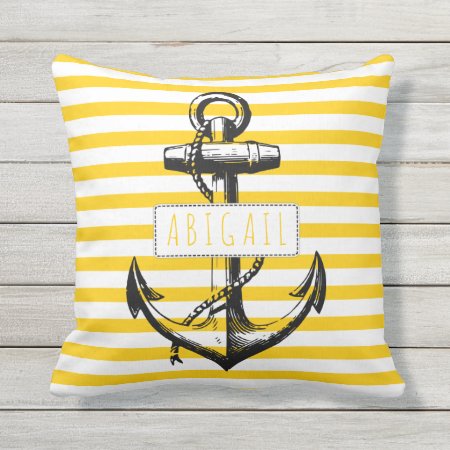 Nautical Vintage Anchor On Yellow Striped Pattern Outdoor Pillow
