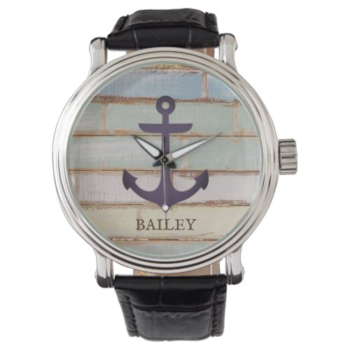 Nautical Vintage Anchor Rustic Wood Custom Name Watch