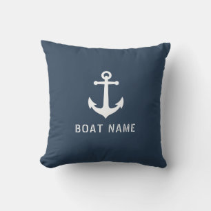 Nautical Vintage Anchor Your Boat Name Blue Gray Throw Pillow