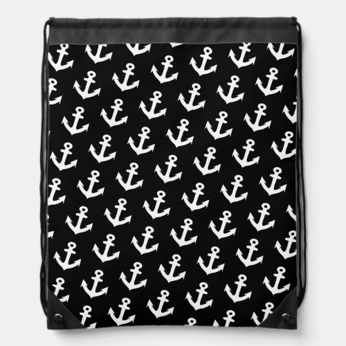 Nautical Vintage anchors pattern on Black Drawstring Bag