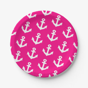 Nautical Vintage anchors pattern on neon pink Paper Plates