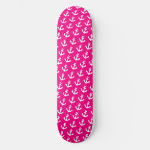 Nautical Vintage anchors pattern on neon pink Skateboard
