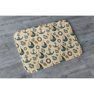 Nautical Vintage Blue and Brown Boats Bath Mat