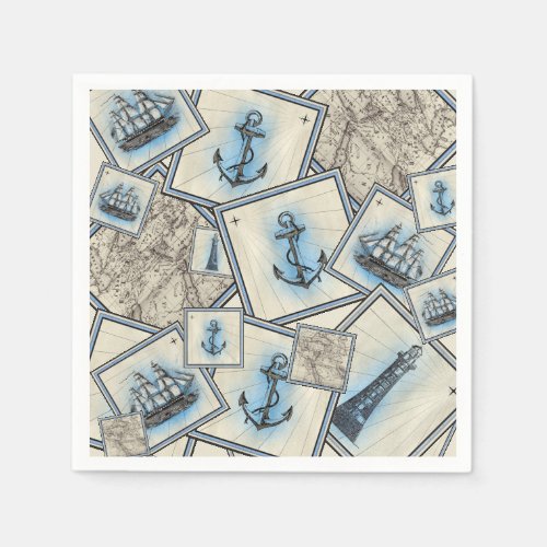 Nautical vintage collage sailing illustration map napkins