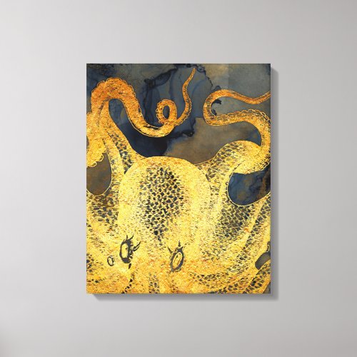 Nautical Vintage Gold Octopus Black Ink Watercolor Canvas Print