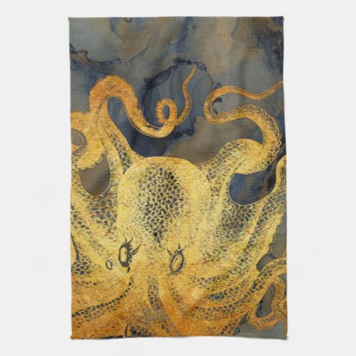 Nautical Vintage Gold Octopus Black Ink Watercolor Kitchen Towel