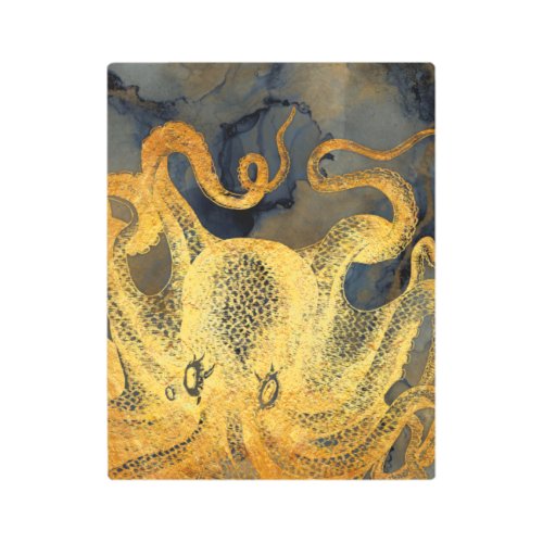 Nautical Vintage Gold Octopus Black Ink Watercolor Metal Print