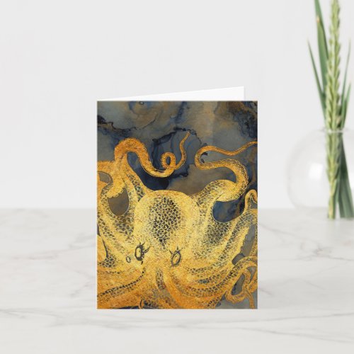 Nautical Vintage Gold Octopus Black Ink Watercolor Note Card