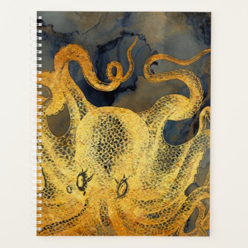 Nautical Vintage Gold Octopus Black Ink Watercolor Planner