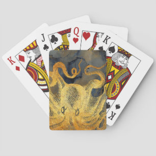 Nautical Vintage Gold Octopus Black Ink Watercolor Poker Cards