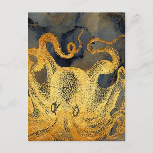 Nautical Vintage Gold Octopus Black Ink Watercolor Postcard