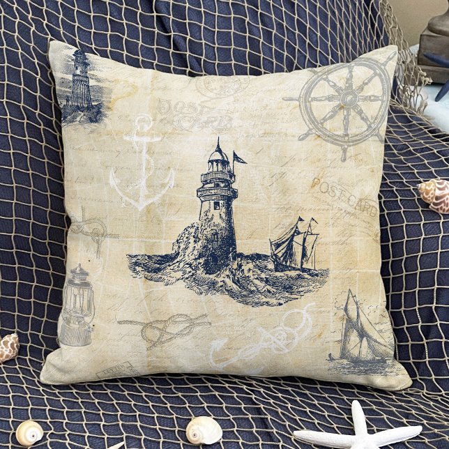 Nautical Vintage Lighthouse Throw Pillow (Creator Uploaded)
