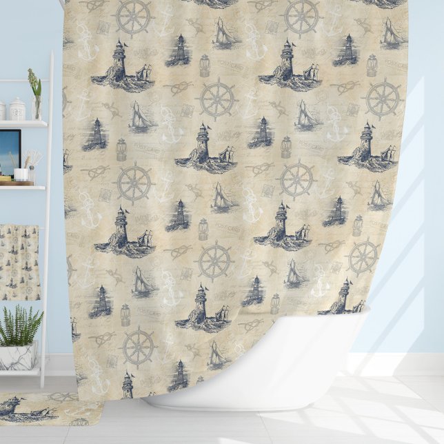 Nautical Vintage Lighthouses Sailboats Coastal Shower Curtain (Creator Uploaded)