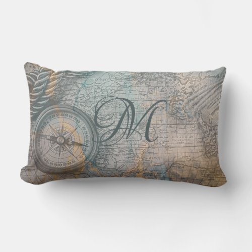 Nautical Vintage Map Compass Monogram Lumbar Pillow