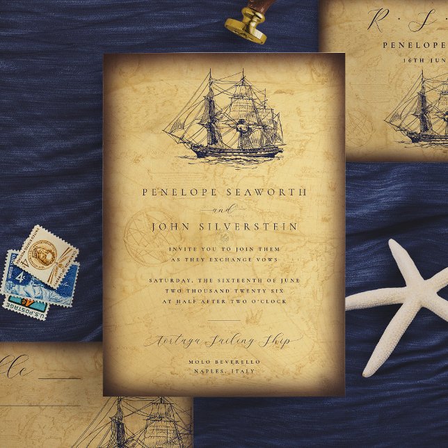 Nautical Vintage Map Ship Illustration Wedding Invitation (Nautical Vintage Map Ship Illustration Wedding Invitation)