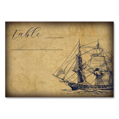 Nautical Vintage Map Ship Illustration Wedding Table Number