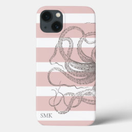 Nautical Vintage Octopus Coastal Pink Stripes iPhone 13 Case
